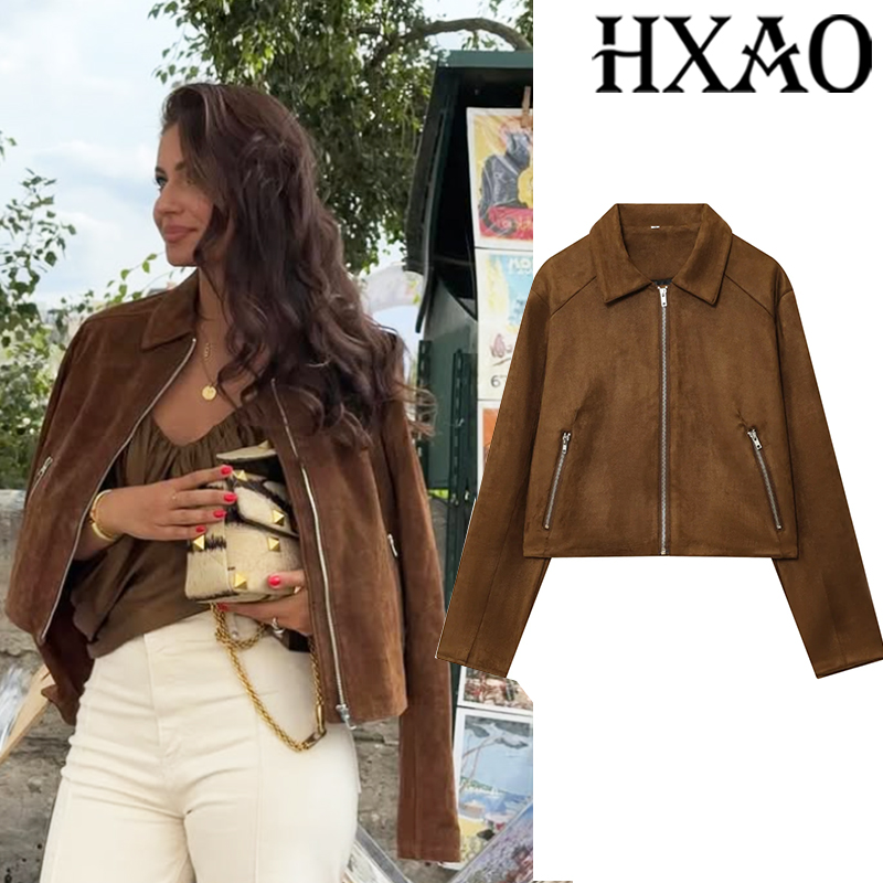 Women'S Fashion Bomber Jacket - HXAO Krótka kurtka zamszowa damska przejściowa