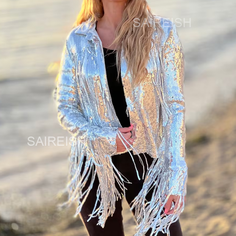 Women'S Fashion Bomber Jacket - Harajuku unisex cekinowa frędzlowa wydajność taneczna
