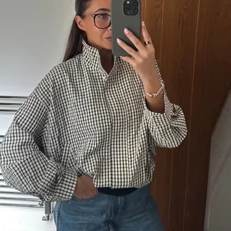 Women'S Fashion Bomber Jacket - Damska kurtka bomberka w kratę, przejściowa,