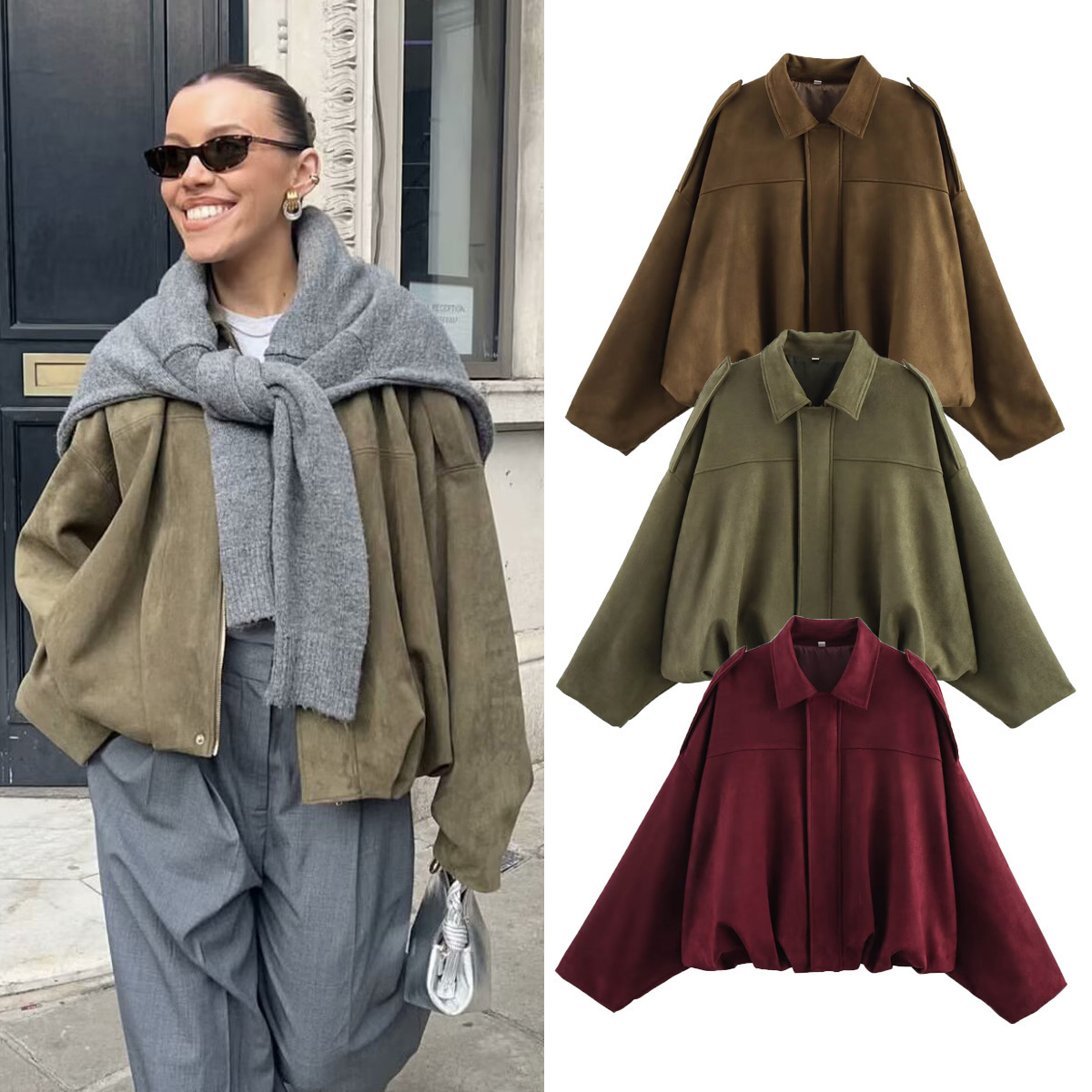 Women'S Fashion Bomber Jacket - Damskie kurtki bomberki z zamszową teksturą,