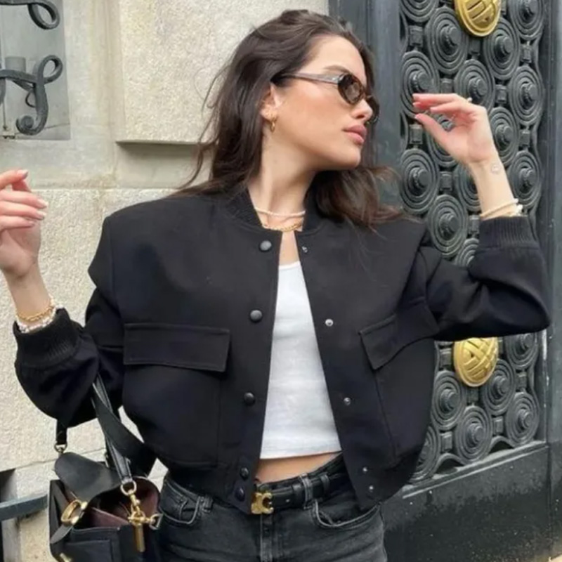 Women'S Fashion Bomber Jacket - Kurtka bomberka damska HXAO, krótka, czarna,