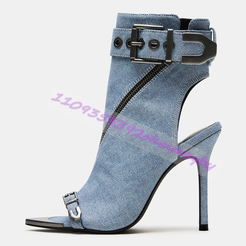 Women'S Fashion Belts - Letnie niebieskie dżinsowe botki z ostrym