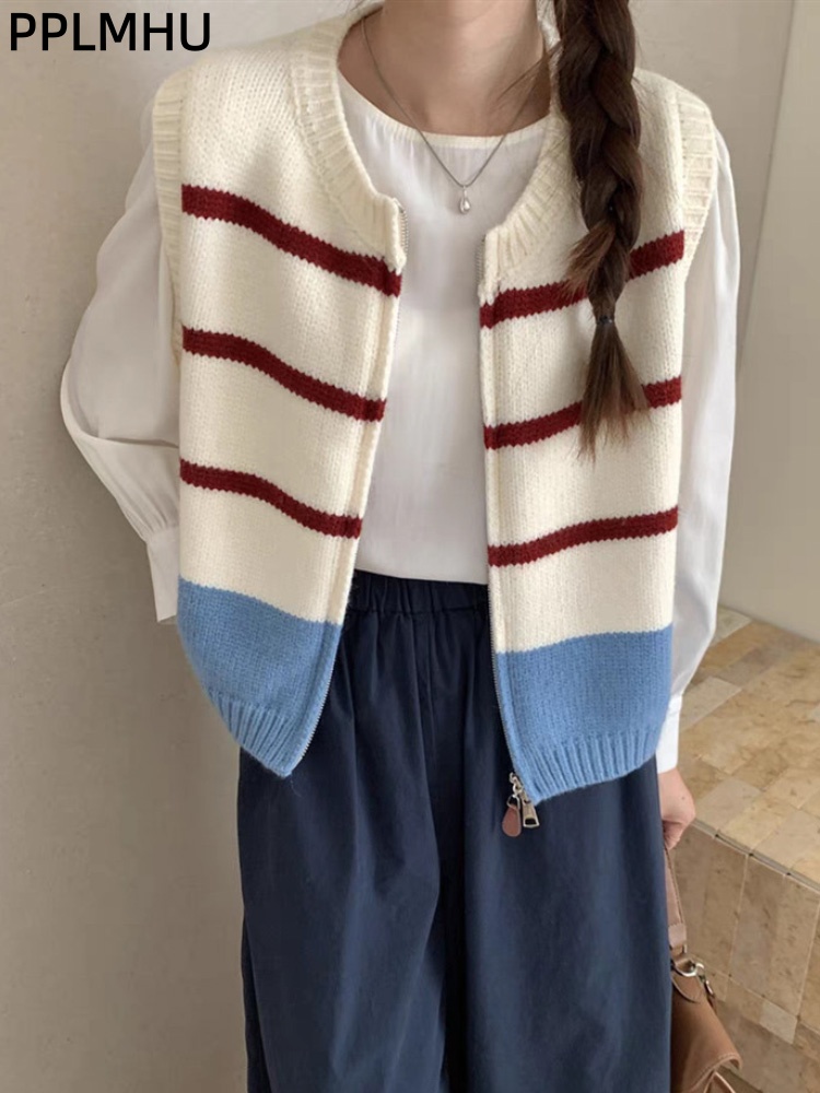 Women'S Fashion Gilet - Kardigan na zamek w paski, dzianinowa
