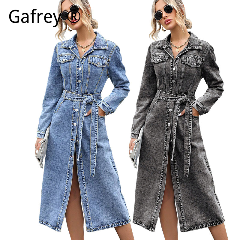 Women Fashion Jeans - Damska sukienka dżinsowa z długim rękawem,