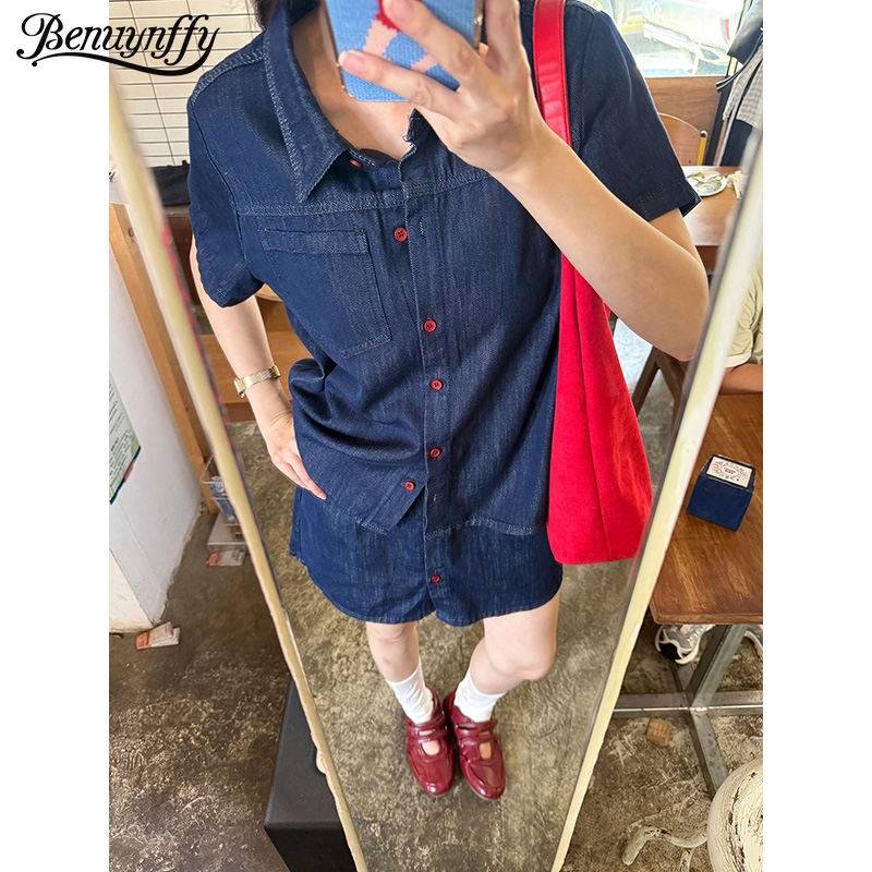 Women Fashion Jeans - Benuynffy Retro Krótki Rękaw Koszula Jeansowa