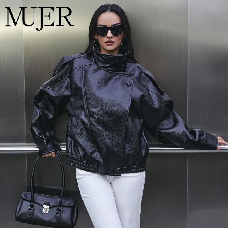 Women'S Fashion Bomber Jacket - Kurtka damska ze sztucznej skóry, czarna,