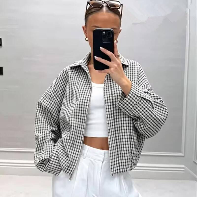 Damska kurtka bomberka w kratę – Women'S Fashion Bomber Jacket recenzja i cena